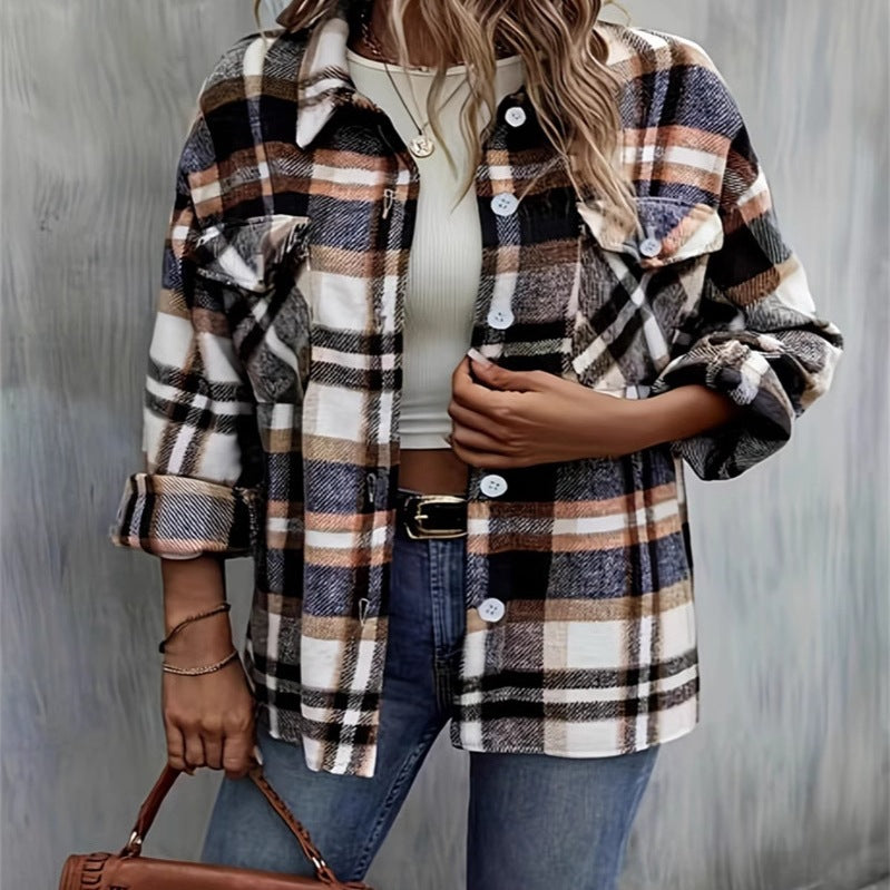Damen karierte Flanelljacke mit Taschen und geschmackvoller Knopfleiste R&B