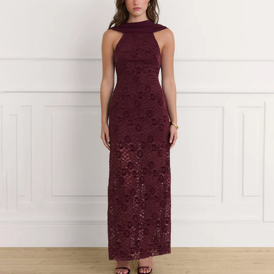 Damen Elegantes Spitzen-Maxikleid mit schickem Halterneck und figurschmeichelndem Schnitt R&B
