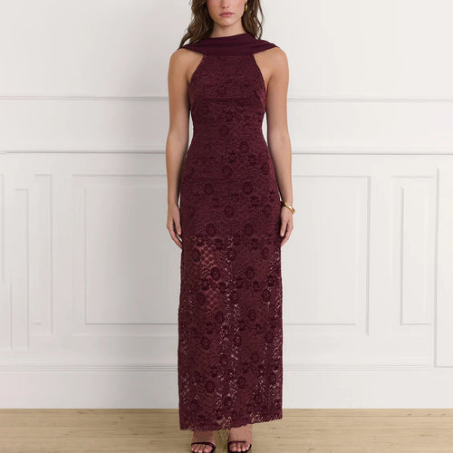 Damen Elegantes Spitzen-Maxikleid mit schickem Halterneck und figurschmeichelndem Schnitt R&B