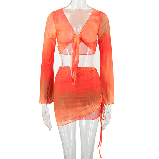 Damen lässiges Crop-Top mit asymmetrischem Rock und langen Ärmeln R&B