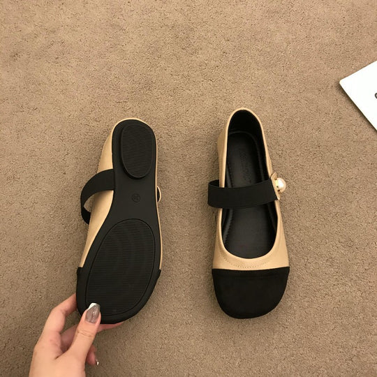 Damen Elegante Ballerina-Schuhe mit Perlenverzierung und bequemen Riemen R&B