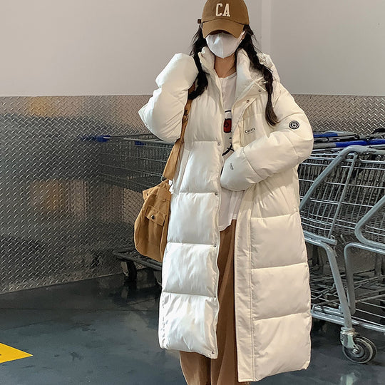 Damen Lange Steppjacke mit Kapuze und hohen Kragen R&B