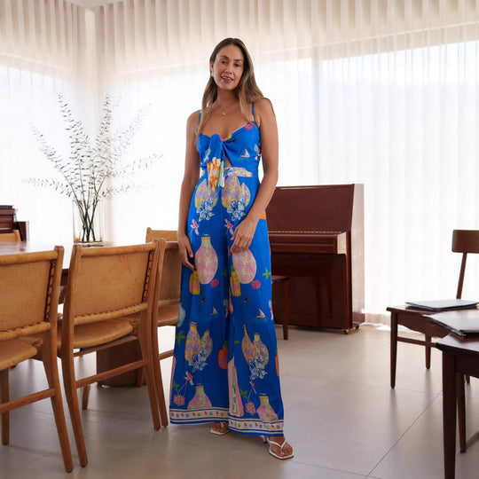 Damen langes Sommerkleid mit verspieltem Dekolleté und buntem Muster R&B