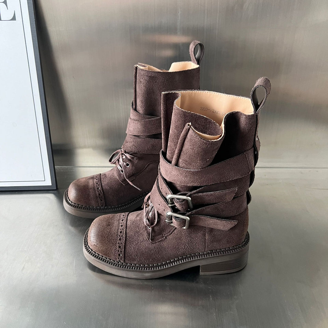 Damen elegante Stiefel mit modischen Schnallen und verstellbaren Riemen R&B
