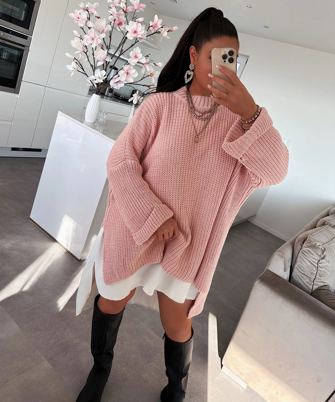 Damen grob gestrickter Oversize-Pullover mit V-Ausschnitt und lässigem Schnitt R&B