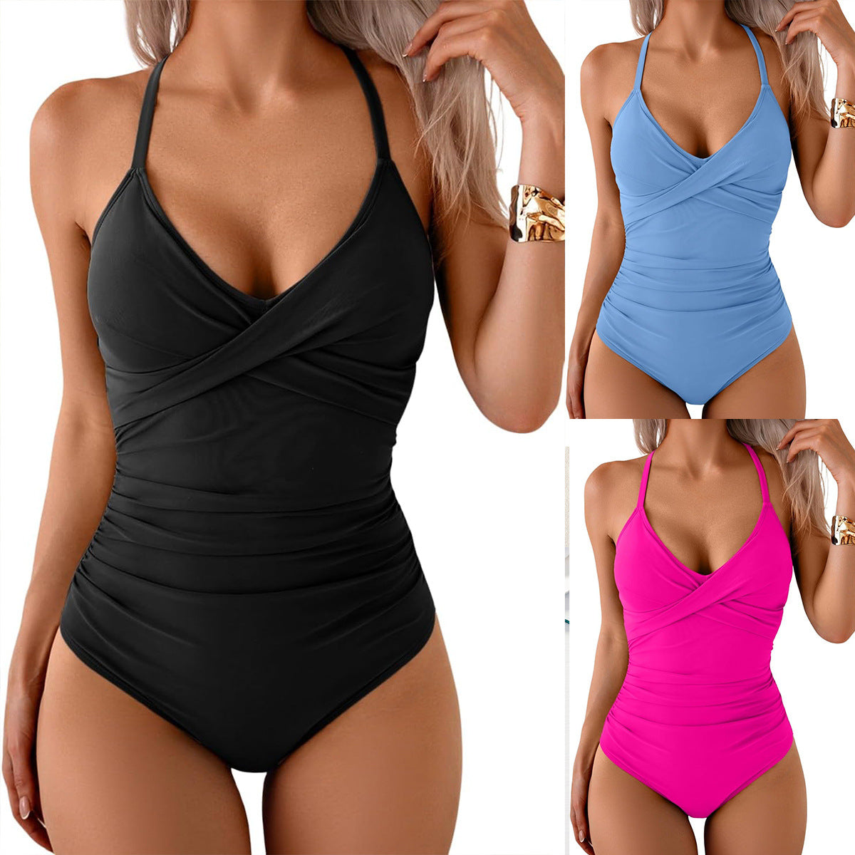 Damen Einteiler Badeanzug mit elegantem Wickel-Design und femininem Schnitt R&B
