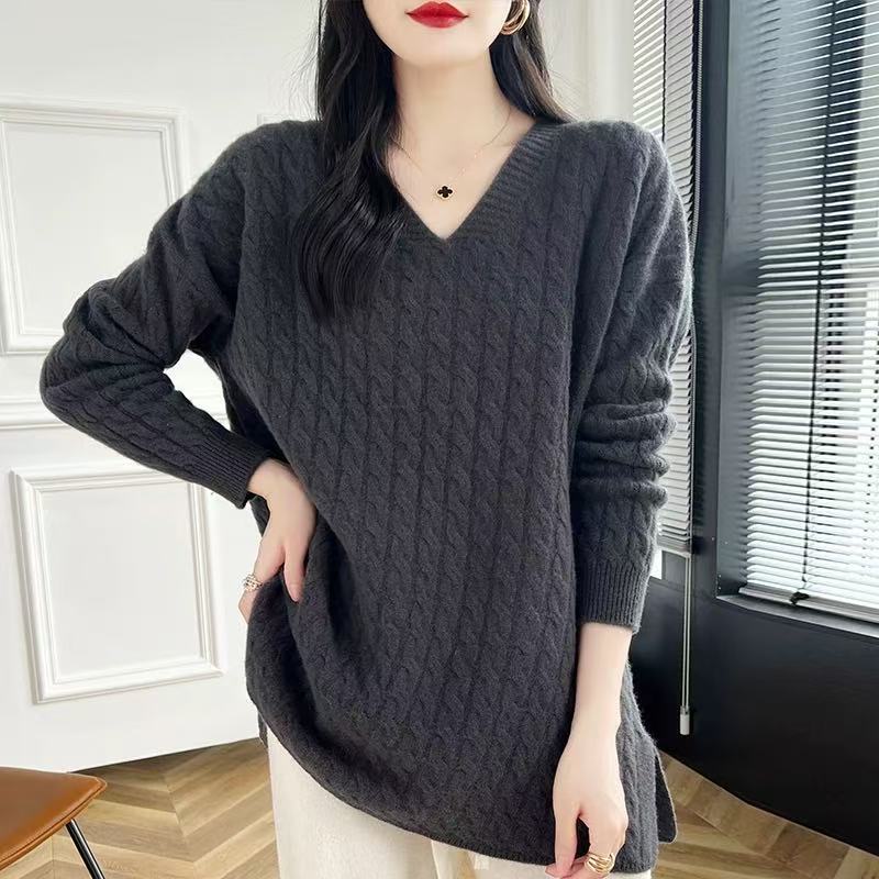 Damen Grobstrickpullover mit V-Ausschnitt und lässigem Schnitt R&B