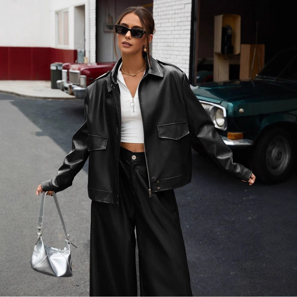 Damen modische Kunstlederjacke im Oversized-Stil R&B
