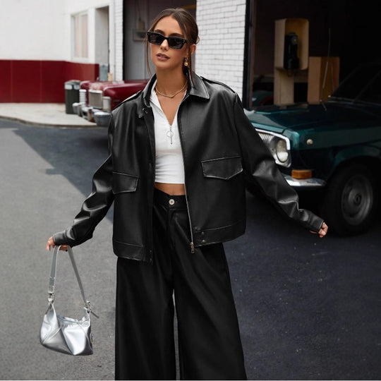 Damen modische Kunstlederjacke im Oversized-Stil R&B