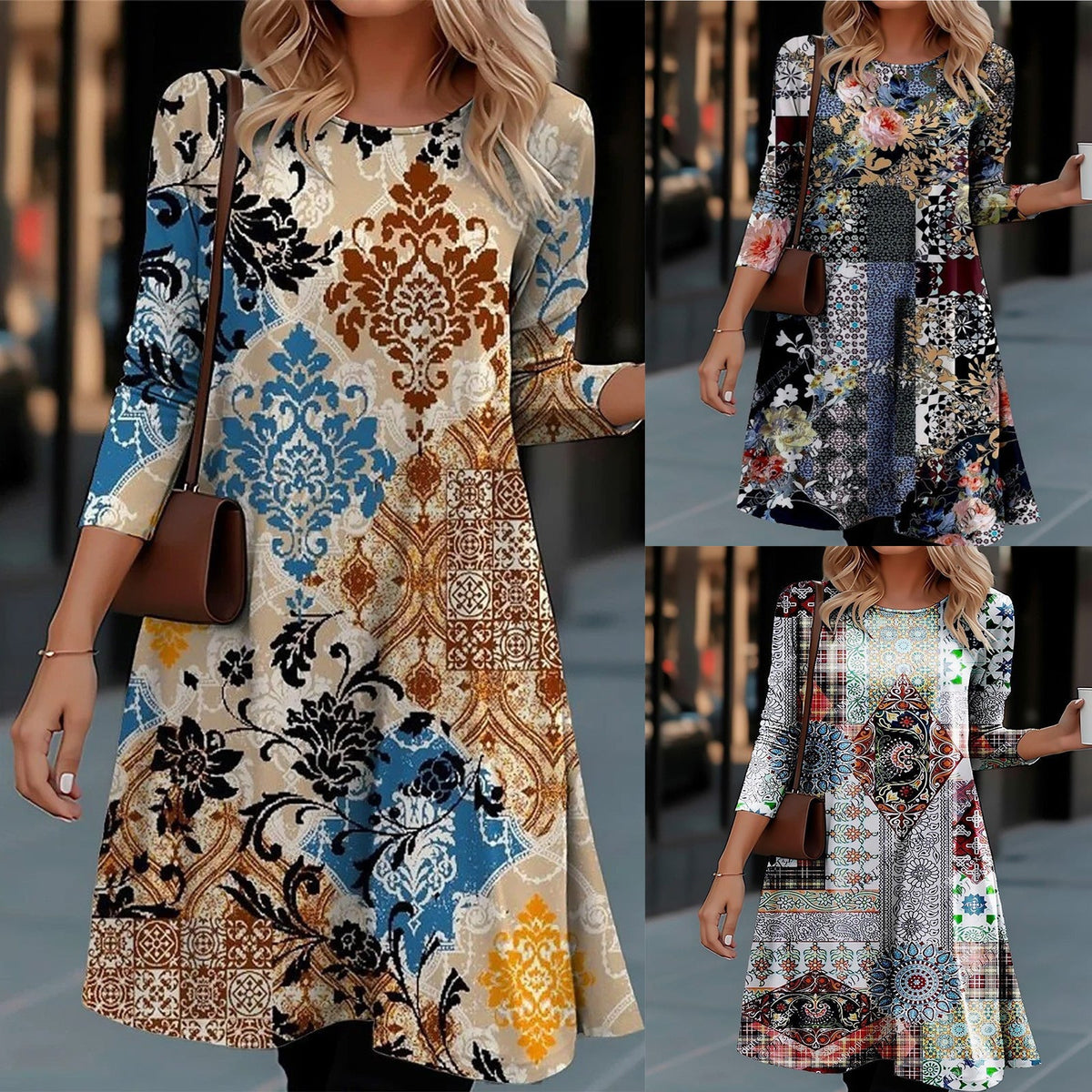 Damen Langarm Kleid mit kreativem Muster R&B