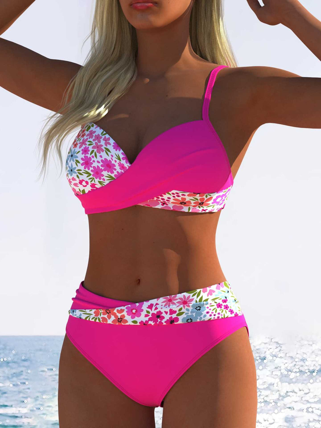 Damen Bikini-Set mit floralem Wickelmuster und bequemen High-Waist-Höschen R&B