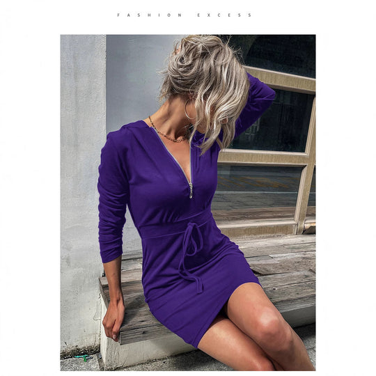 Damen Kapuzenkleid mit Reißverschluss und Taillenzug R&B
