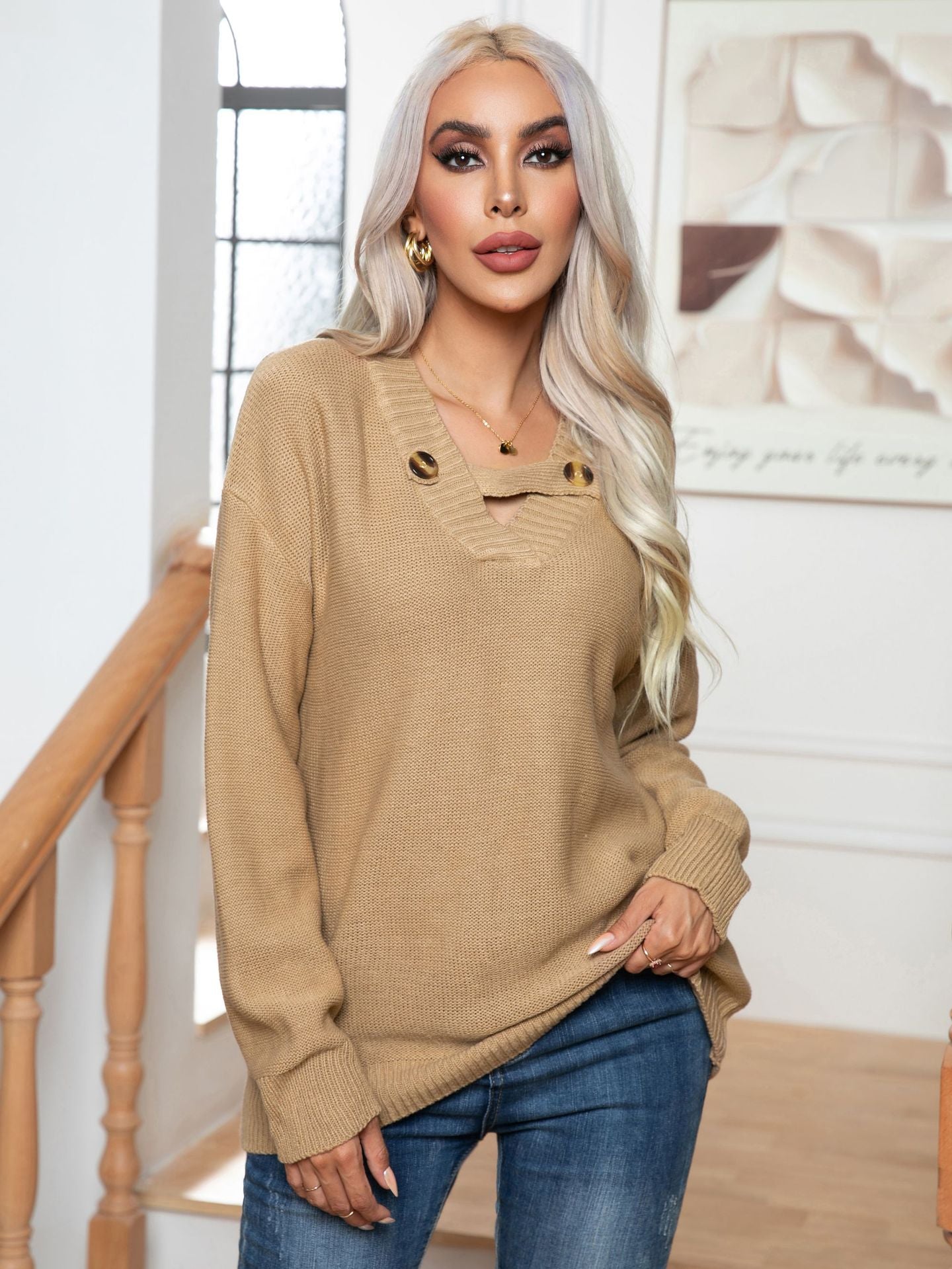 Damen Strickpullover mit modischem Knopfdesign R&B