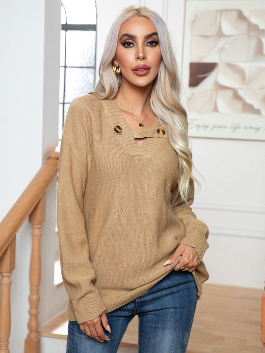 Damen Strickpullover mit modischem Knopfdesign R&B