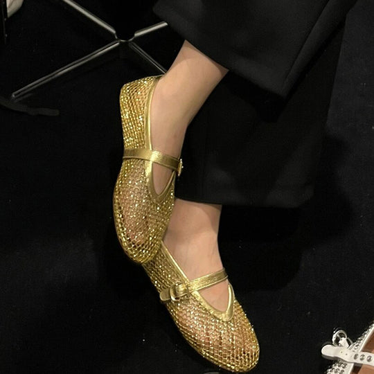 Damen Ballerinas mit goldenem Netzdesign und modischem Riemchen R&B