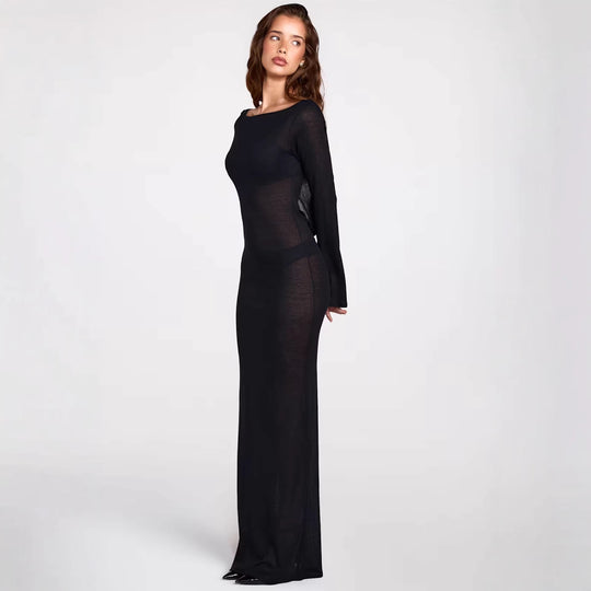 Damen elegantes langärmliges Maxikleid aus transparentem Stoff mit figurbetontem Schnitt R&B