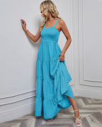 Damen Sommermaxikleid mit gerafftem Oberteil und asymmetrischem Saum R&B
