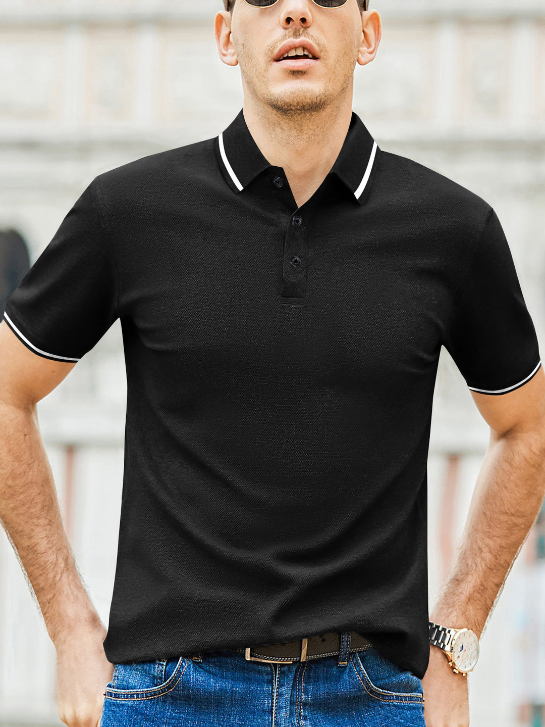 Herren Kurzarm-Polohemd mit modernem Bicolor-Kragen und atmungsaktiver Baumwollqualität R&B
