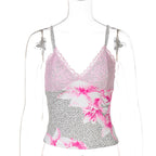 Damen Spaghettiträger Top mit Blumenmuster und Spitze R&B