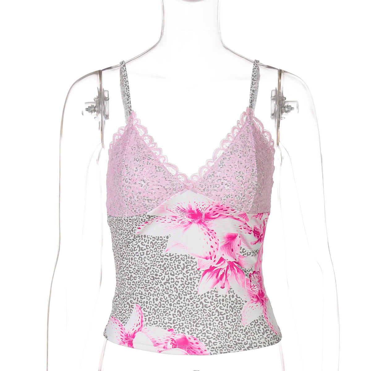 Damen Spaghettiträger Top mit Blumenmuster und Spitze R&B
