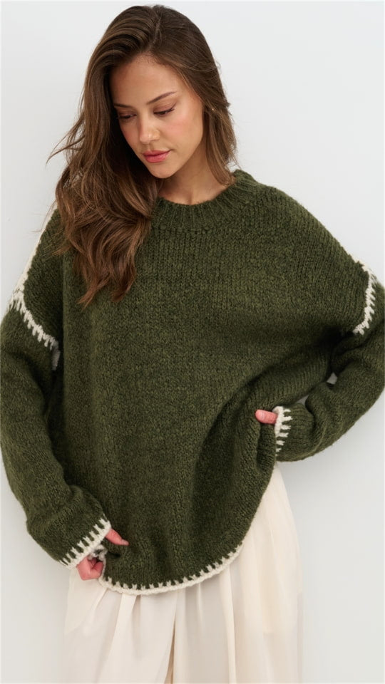 Damen kuscheliger Strickpullover mit kontrastierenden Akzentdetails R&B