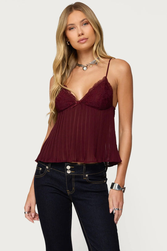 Damen Chiffon Top mit Spitzenakzenten und plissiertem Design R&B