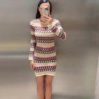Damen nan gestricktes Feinstrick-Minikleid mit transparentem Wellenstruktur-Muster und Rundhalsausschnitt R&B