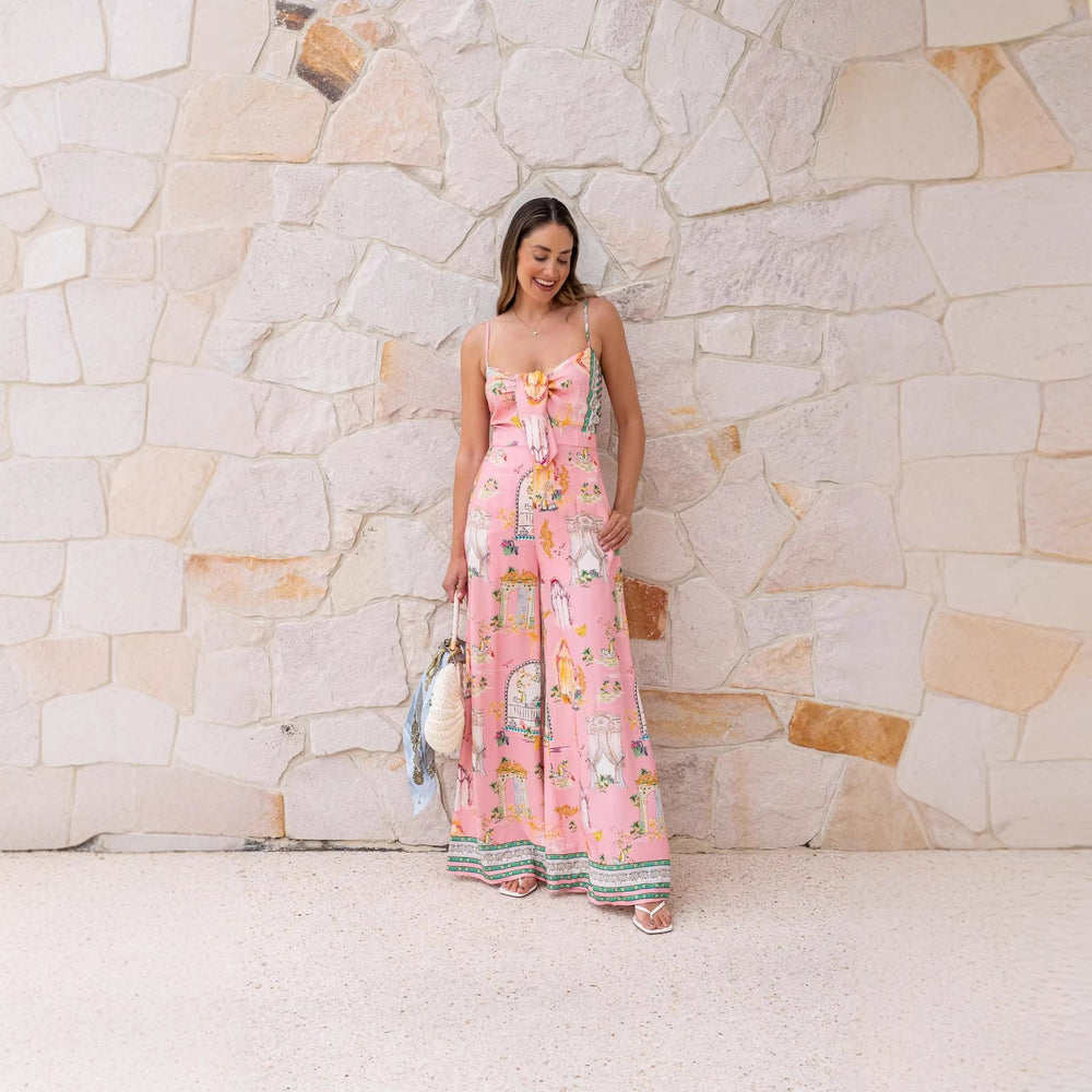 Damen langes Sommerkleid mit verspieltem Dekolleté und buntem Muster R&B