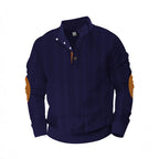 Herren nan Zopfmuster-Halbknopf-Pullover mit hohem Stehkragen und Wildleder-Ellbogenpatches R&B