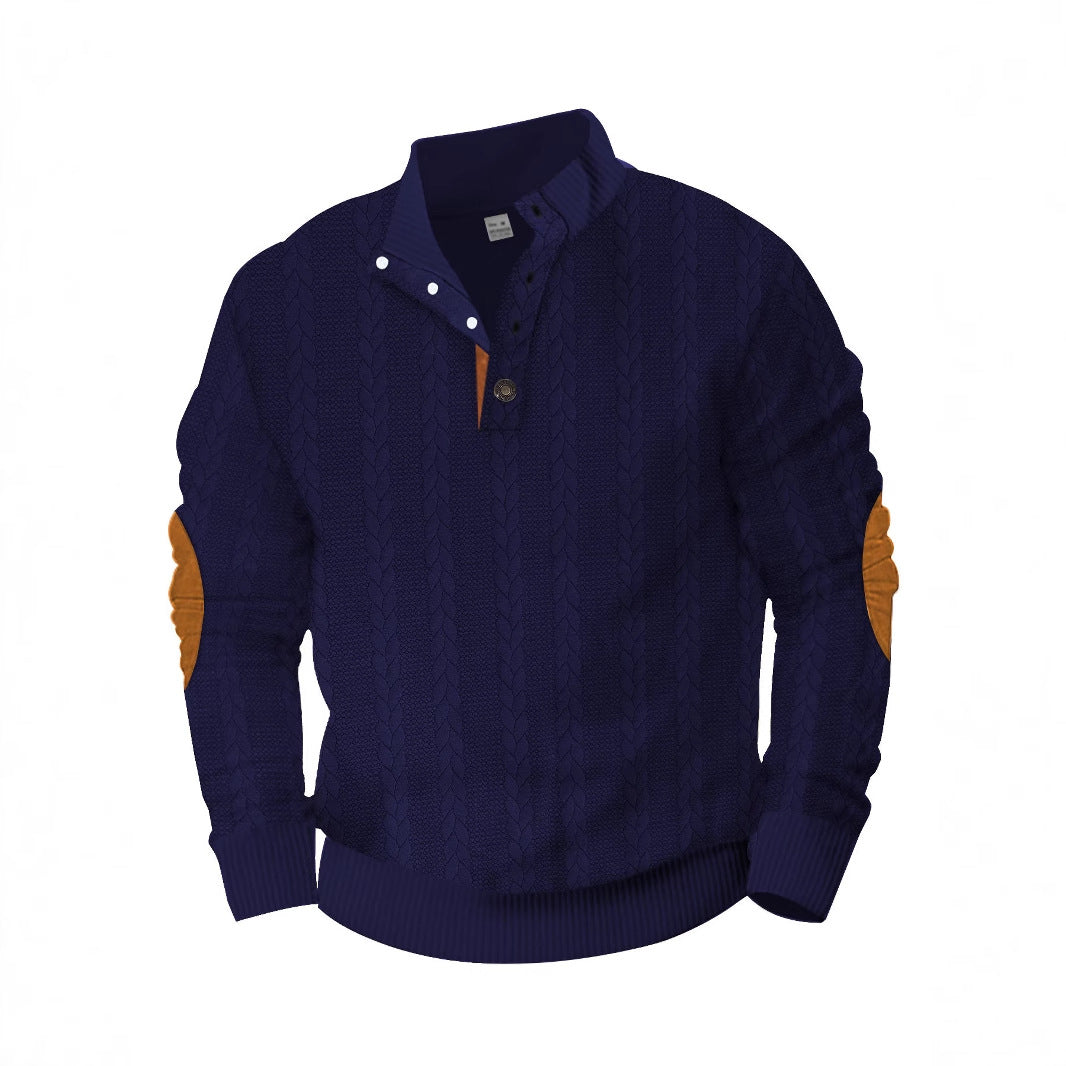 Herren nan Zopfmuster-Halbknopf-Pullover mit hohem Stehkragen und Wildleder-Ellbogenpatches R&B