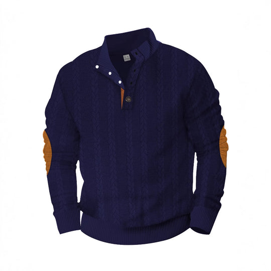 Herren nan Zopfmuster-Halbknopf-Pullover mit hohem Stehkragen und Wildleder-Ellbogenpatches R&B