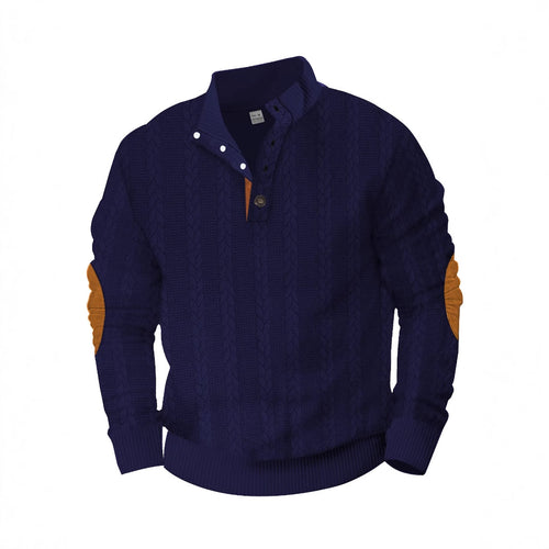 Herren nan Zopfmuster-Halbknopf-Pullover mit hohem Stehkragen und Wildleder-Ellbogenpatches R&B