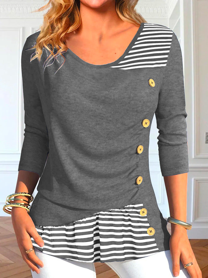 Damen Langarmshirt mit Knopfdetails und gestreiftem Saum R&B