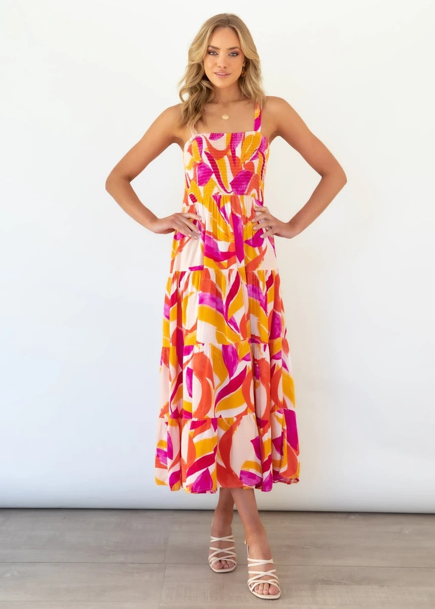 Damen Maxikleid mit voluminösem Rock und schulterfreien Trägern R&B