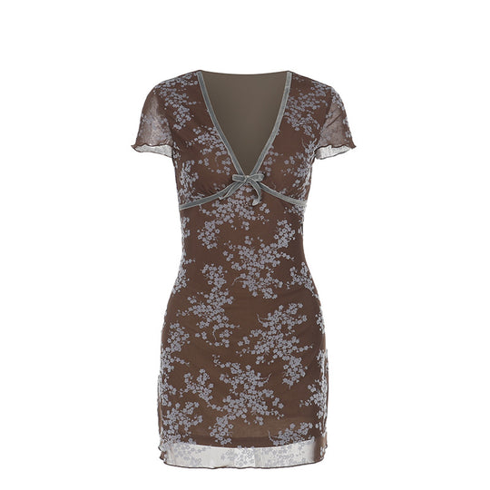 Damen sexy Mini-Kleid mit floralem Spitzenmuster und tiefem V-Ausschnitt R&B