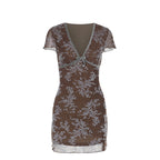 Damen sexy Mini-Kleid mit floralem Spitzenmuster und tiefem V-Ausschnitt R&B
