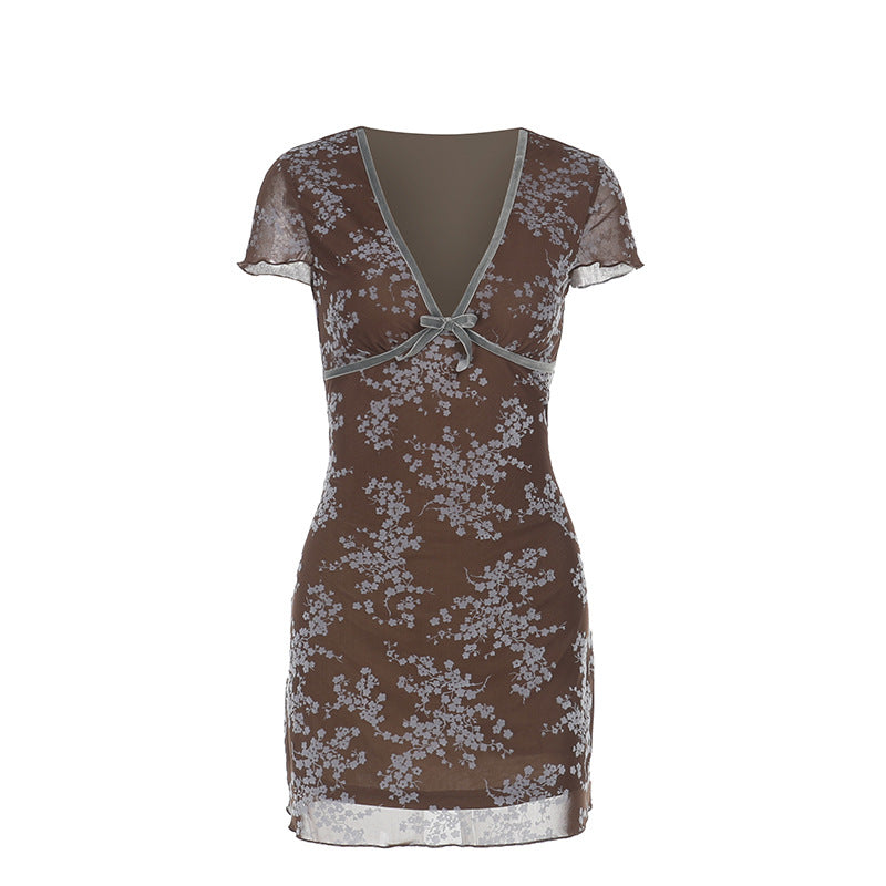 Damen sexy Mini-Kleid mit floralem Spitzenmuster und tiefem V-Ausschnitt R&B