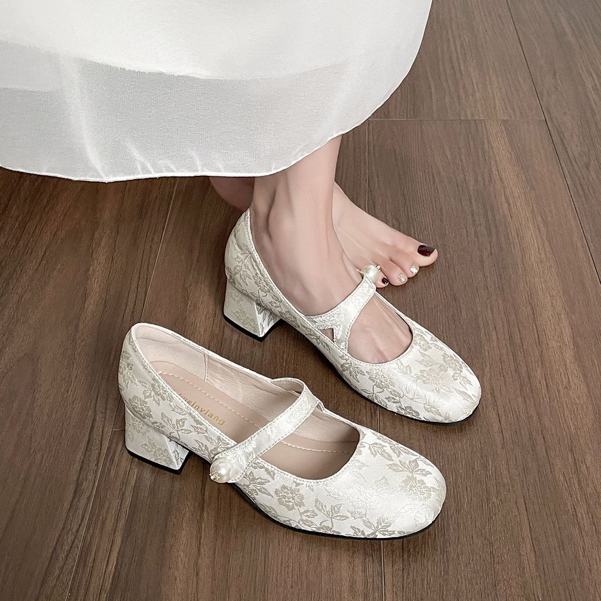 Damen elegante Mary Jane Pumps mit floralem Jacquard-Muster und bequemem Blockabsatz R&B