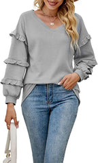 Damen Rüschensweater mit V-Ausschnitt R&B