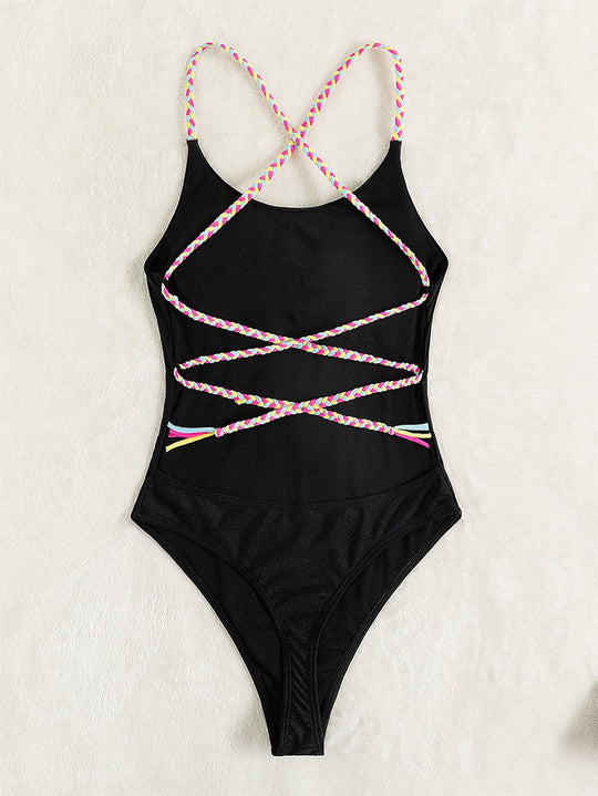 Damen Sportlicher einteiliger Badeanzug mit stylischen geflochtenen Trägern R&B