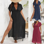 Damen luftiges Maxikleid mit tiefem V-Ausschnitt und seitlichen Schlitzen R&B