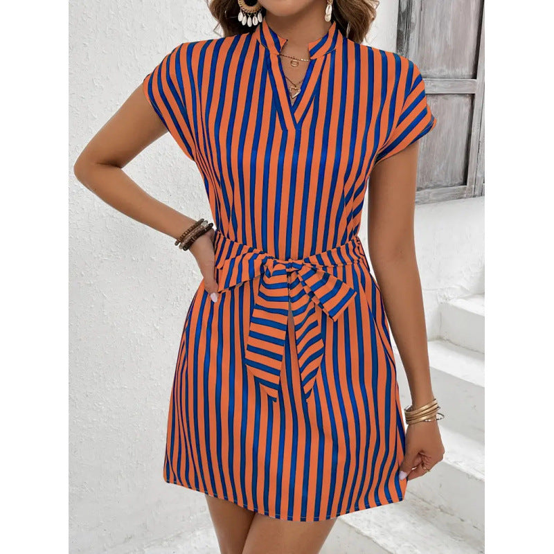 Damen Kurzarmkleid mit Gürtel und Streifenmuster R&B