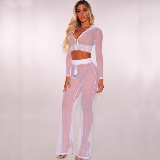 Damen Transparente Lounge-Hose mit Reißverschluss und Hohem Bund R&B