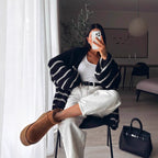 Damen Oversize Strickjacke mit gestreiftem Design und voluminösen Ärmeln R&B
