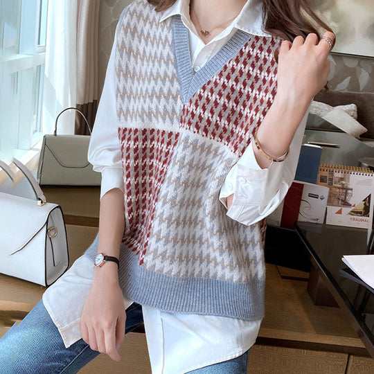 Damen Stylischer V-Neck Strickpullover im Farbblockdesign R&B