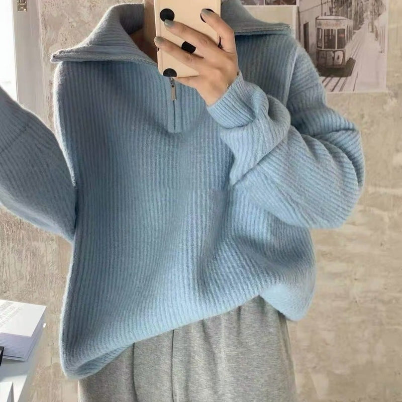 Damen Leichter Strickpullover mit hohem Kragen und Reißverschluss R&B