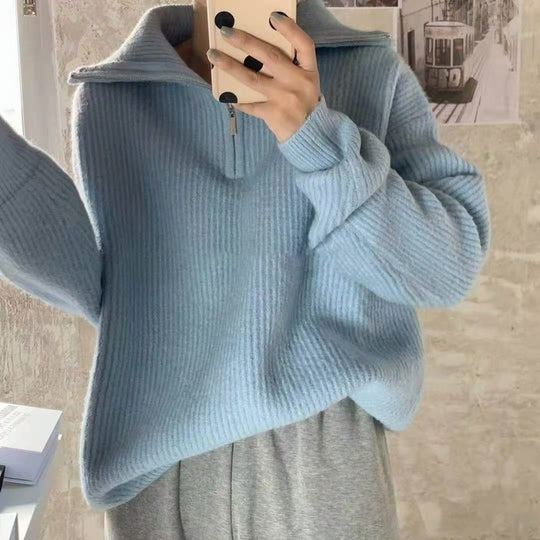 Damen Leichter Strickpullover mit hohem Kragen und Reißverschluss R&B