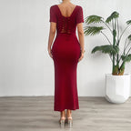 Damen figurbetontes Maxikleid mit quadratischem Ausschnitt und kurzen Ärmeln R&B