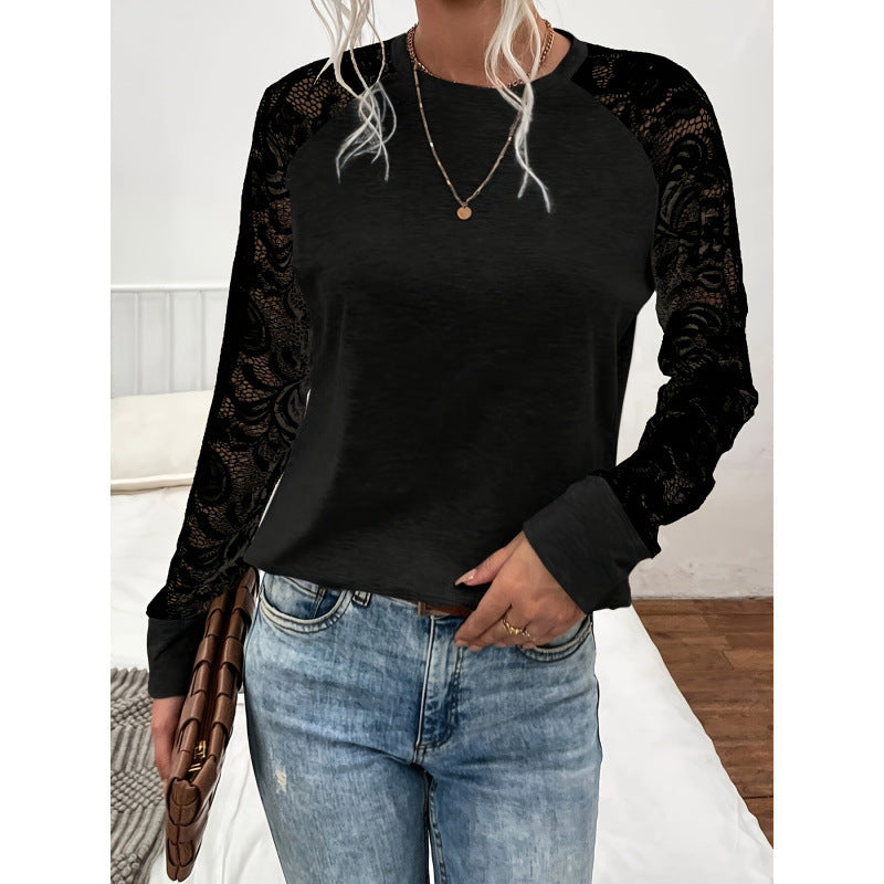 Damen Langarmshirt mit Spitzenärmeln und lässigem Schnitt R&B
