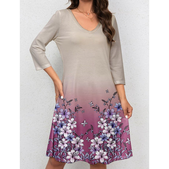 Damen V-Ausschnitt Sommerkleid mit floralem Aquarell-Design und ¾-Ärmeln R&B